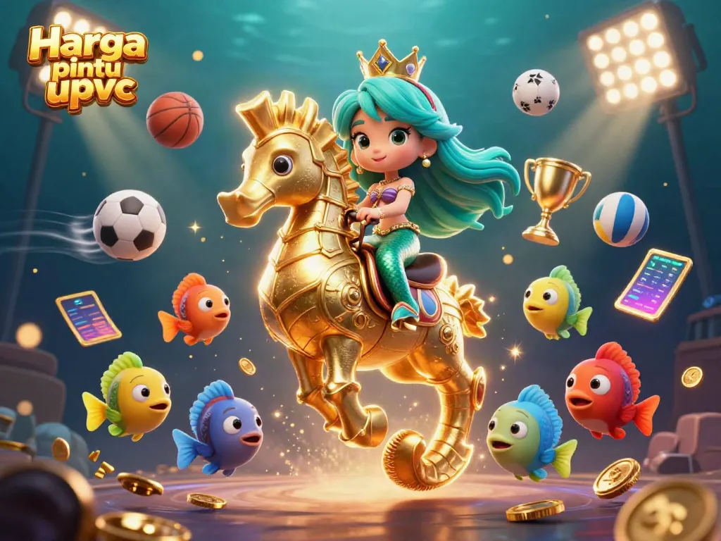 Engage with Harga pintu upvc as colorful cartoon fish and a princess ride a seahorse in a dynamic underwater casino scene.