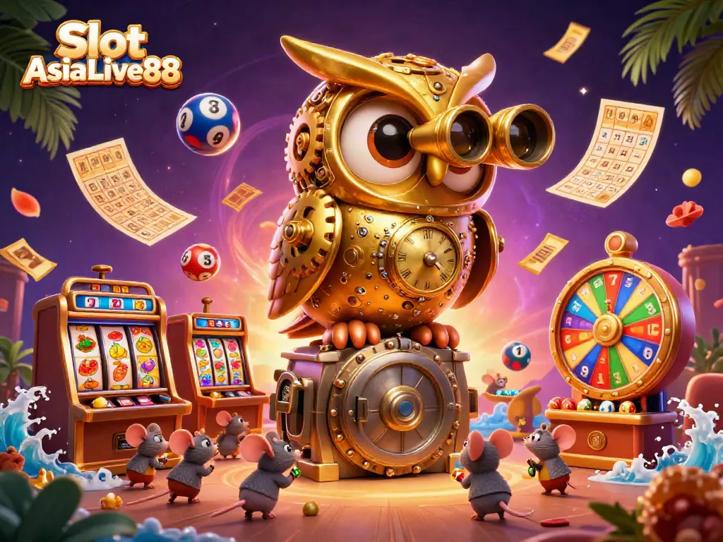 Engage with Slot AsiaLive88's vibrant atmosphere featuring a golden owl and dynamic casino elements.