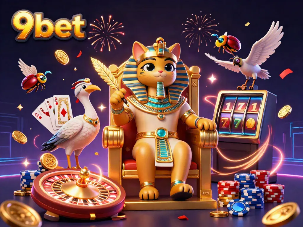 Experience the excitement of 9bet with vibrant casino themes featuring a pharaoh cat, roulette, and celebratory elements.