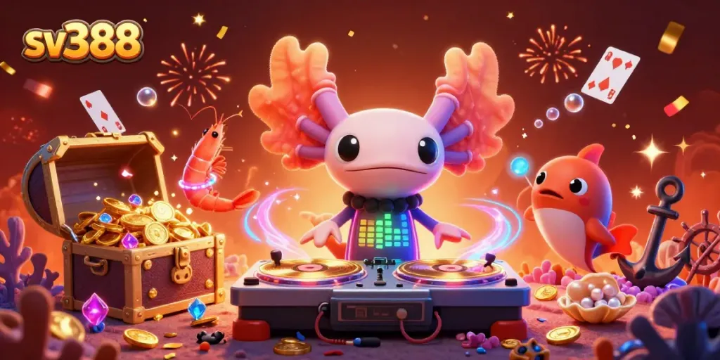 Experience the excitement of sv388 with a vibrant underwater casino scene featuring a neon axolotl DJ.
