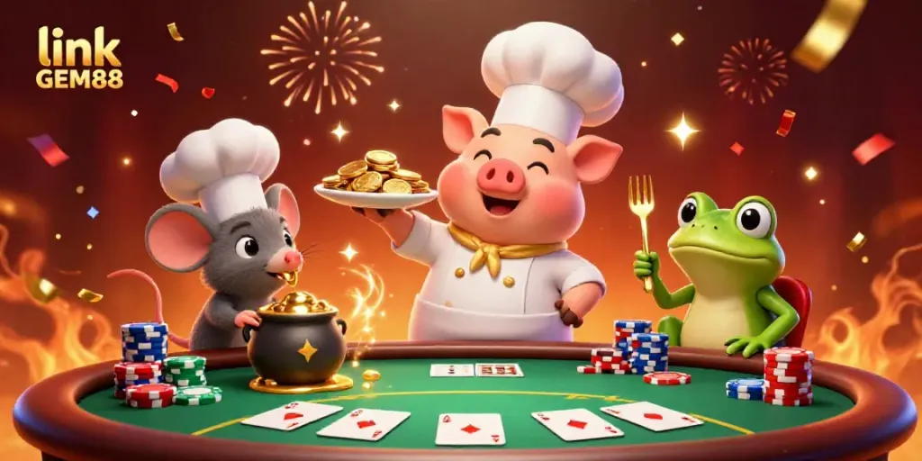 Experience fun and excitement at link GEM88 with vibrant casino characters and golden treasures in a festive scene.