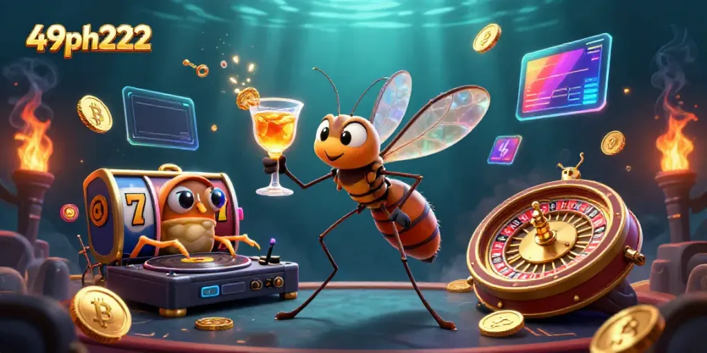 Experience the thrill of 49ph222 with a lively casino scene featuring unique characters and vibrant gaming elements.