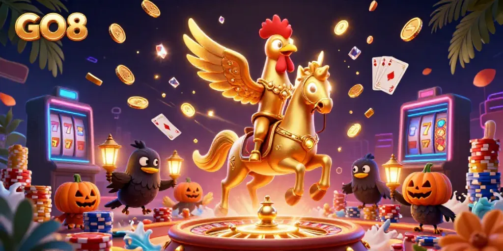 Experience thrilling GO8 gaming with a golden rooster and lantern-carrying crows in a vibrant casino.