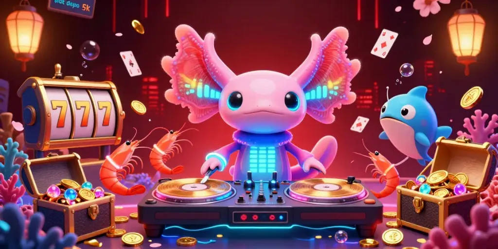Experience the excitement of slot depo 5k through a vibrant underwater casino scene with a DJ axolotl and dancing shrimp.