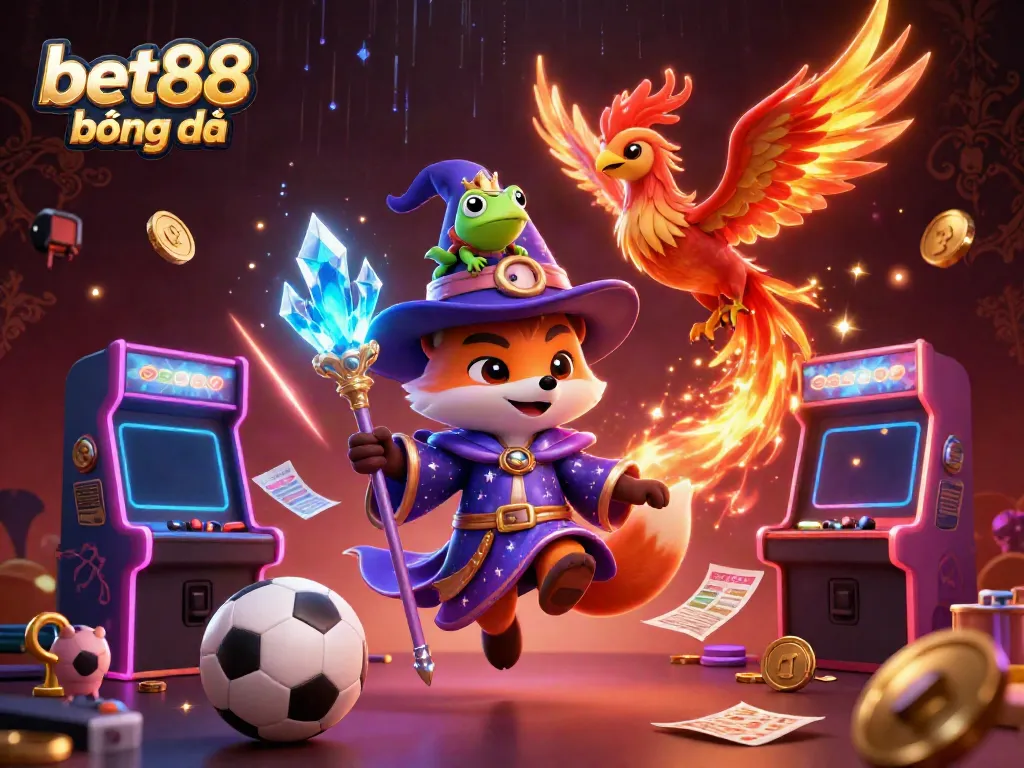 Experience the thrill of bet88 bóng đá with a dynamic 3D illustration featuring a wizard fox and a phoenix amidst colorful sports betting elements.
