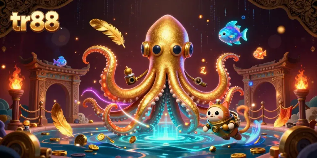 Engaging scene showcasing tr88's vibrant casino atmosphere with kraken, diving cat, and lively elements.