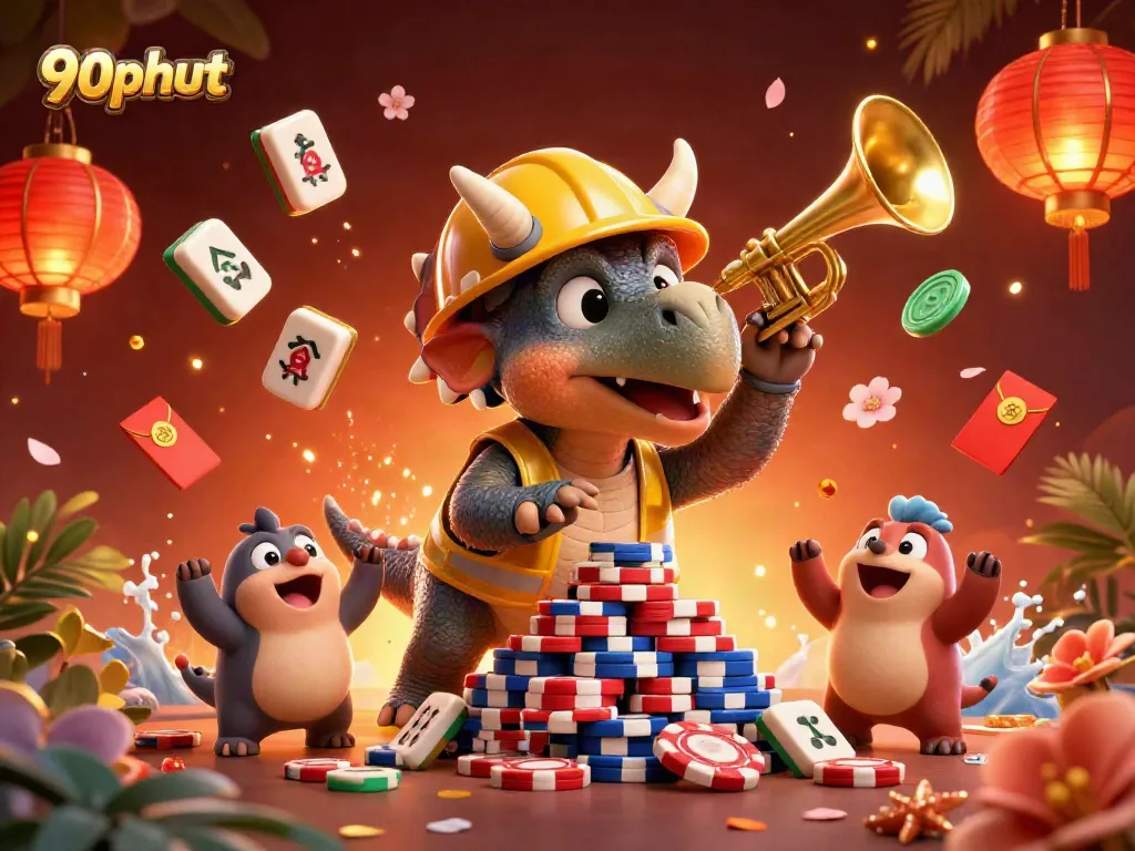 Experience thrilling gameplay with 90phut's vibrant casino-themed illustration featuring dynamic characters.