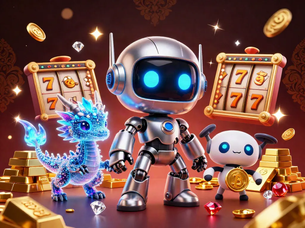 Kuwin themed slot machine illustration featuring a futuristic robot, dragon, and bitcoins in a casino setting.