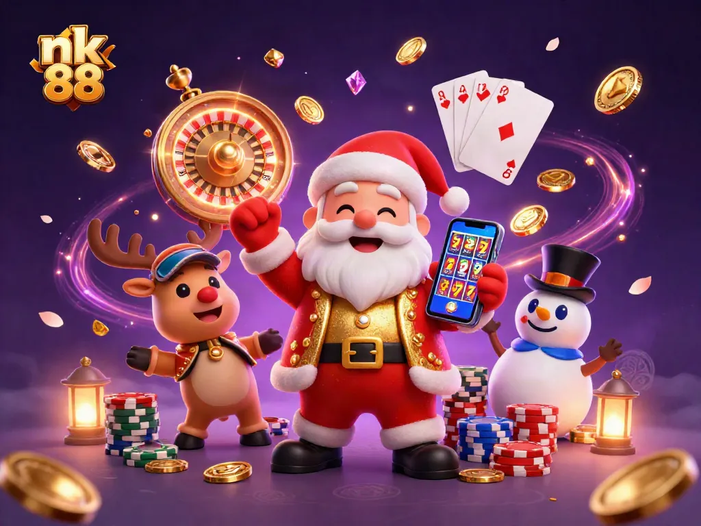 Experience exciting gameplay with nk 88 as Santa, a reindeer dealer, and a chip hat snowman celebrate in a rich casino setting.