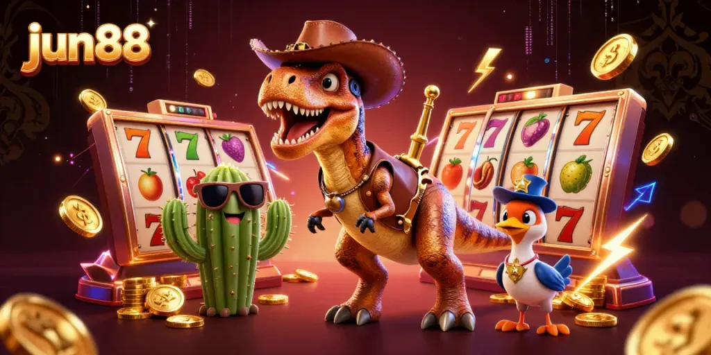 Engage in thrilling gameplay at jun88 featuring a dynamic T-Rex, cactus sidekick, and roadrunner amidst slot reels and jackpot symbols.