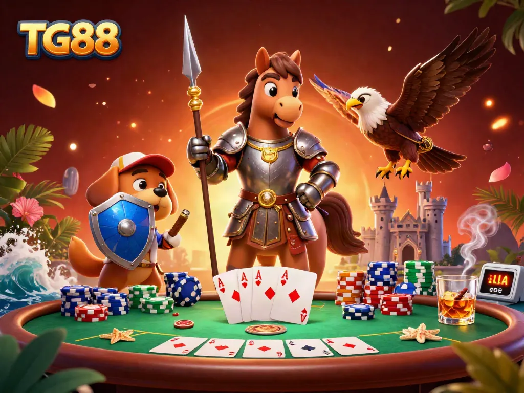 Engage in epic poker action at TG88 with a medieval knight, squire, and regal falcon in a thrilling casino scene.