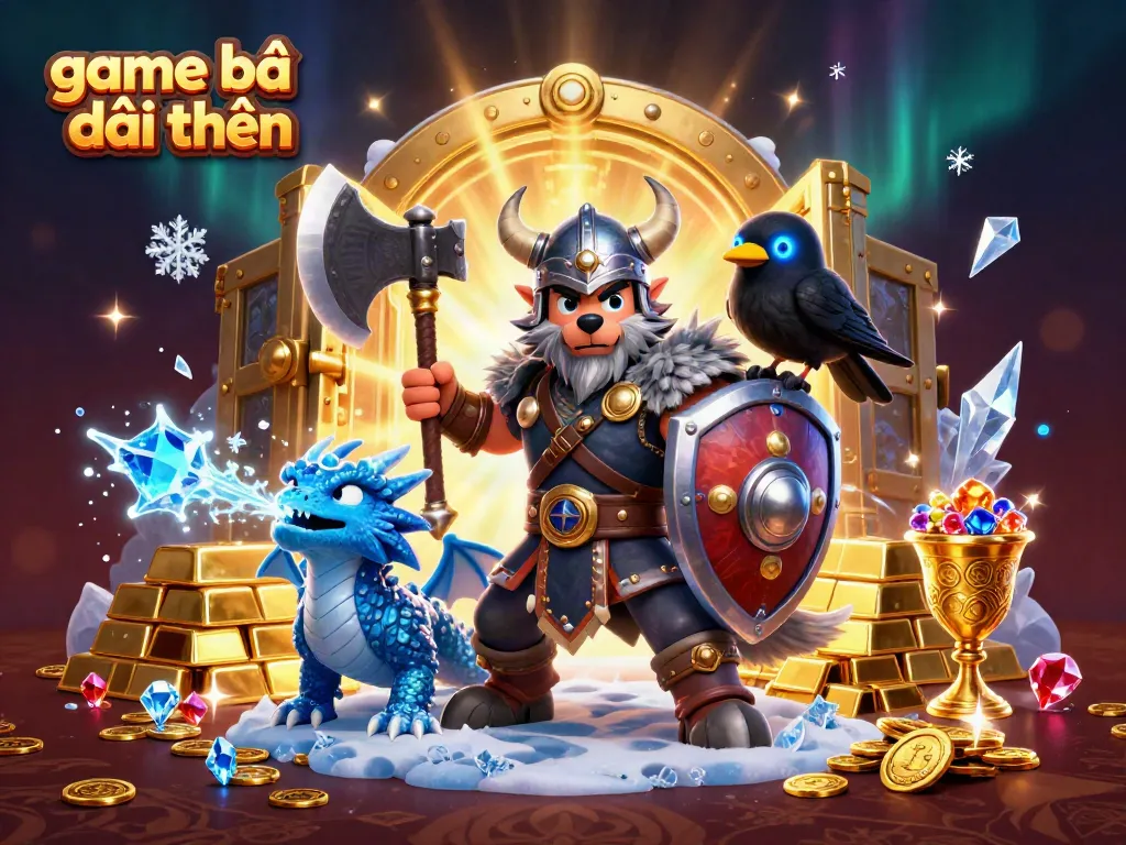 Experience thrilling adventures with game bài đổi thưởng featuring a fierce Viking, dragon, and treasures.