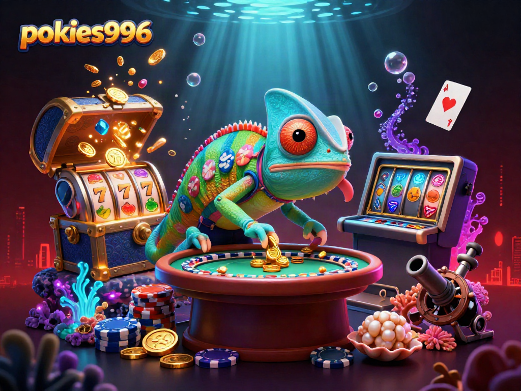 Experience pokies996 with a vibrant chameleon casino owner amidst slot reels and treasures.