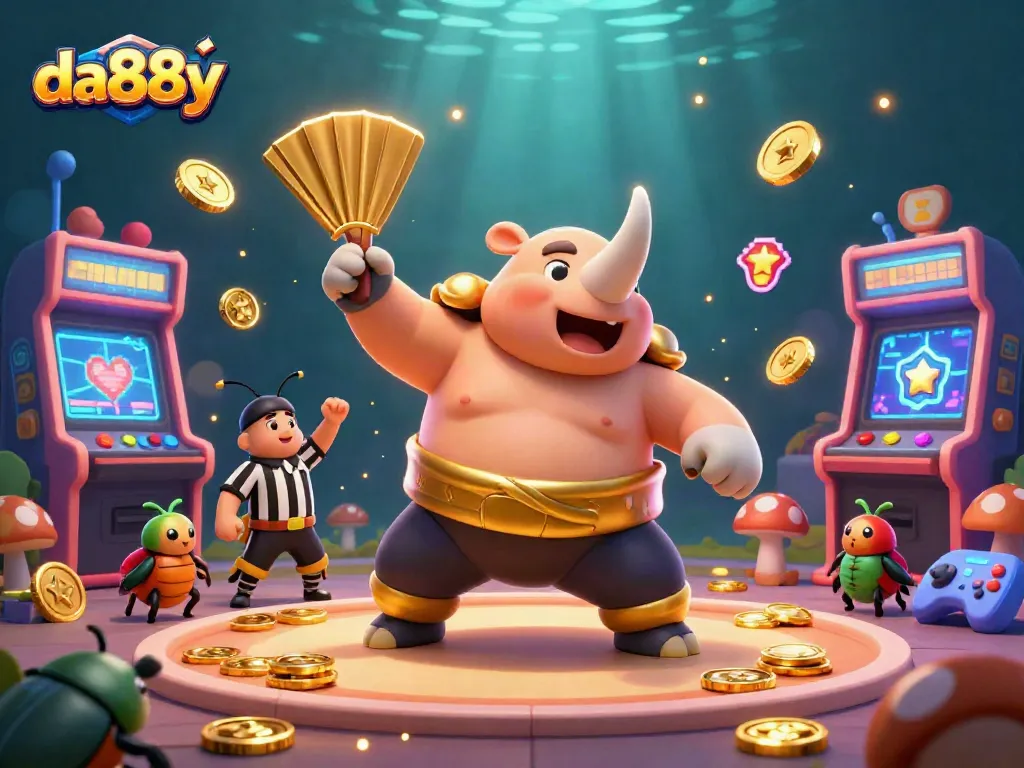 Experience thrilling gameplay at da88y with cartoon beetle champions in a vibrant casino setting.
