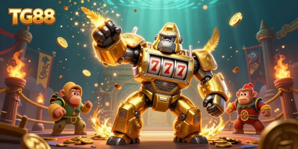 Experience thrilling casino action at TG88 with a golden gorilla mech shooting coins and jackpots
