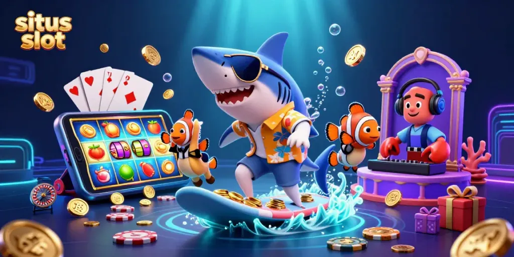 Splash into the excitement of situs slot with a whimsical 3D shark and friends celebrating casino wins.