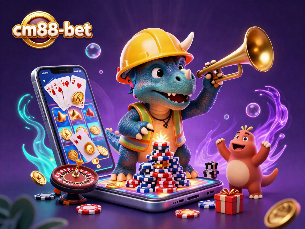 Cheer as cm88-bet players build a poker chip pyramid with a colorful slot game backdrop.