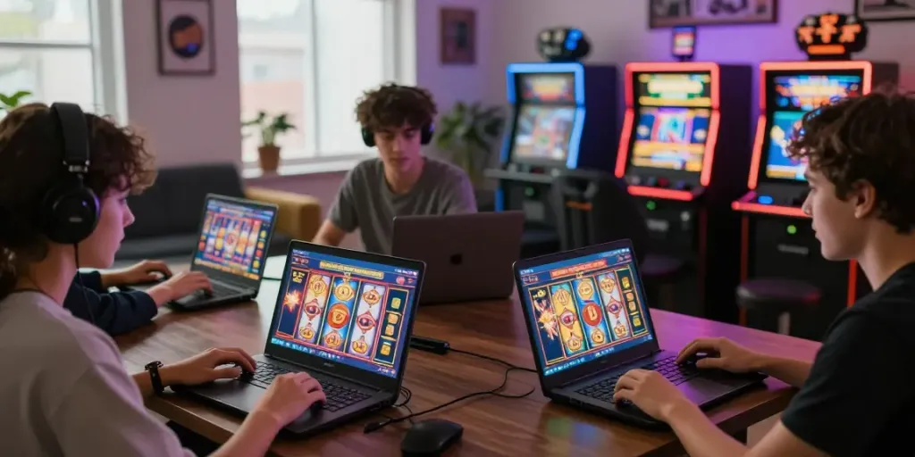 Friends engaging in slot gacor hari ini with laptops and smartphones in a cozy living room.