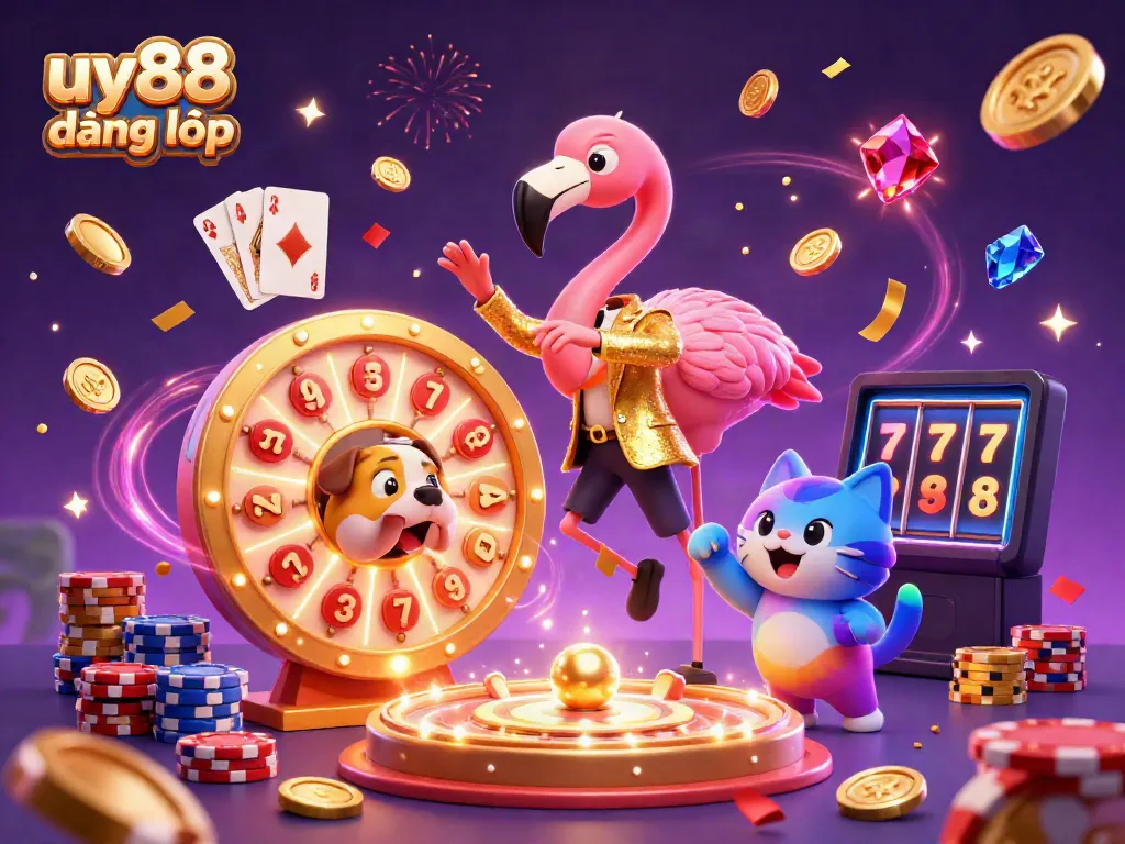 Experience a vibrant scene of excitement with uy88 đăng nhập branding, featuring a game show host flamingo and prizes amidst dazzling casino elements.