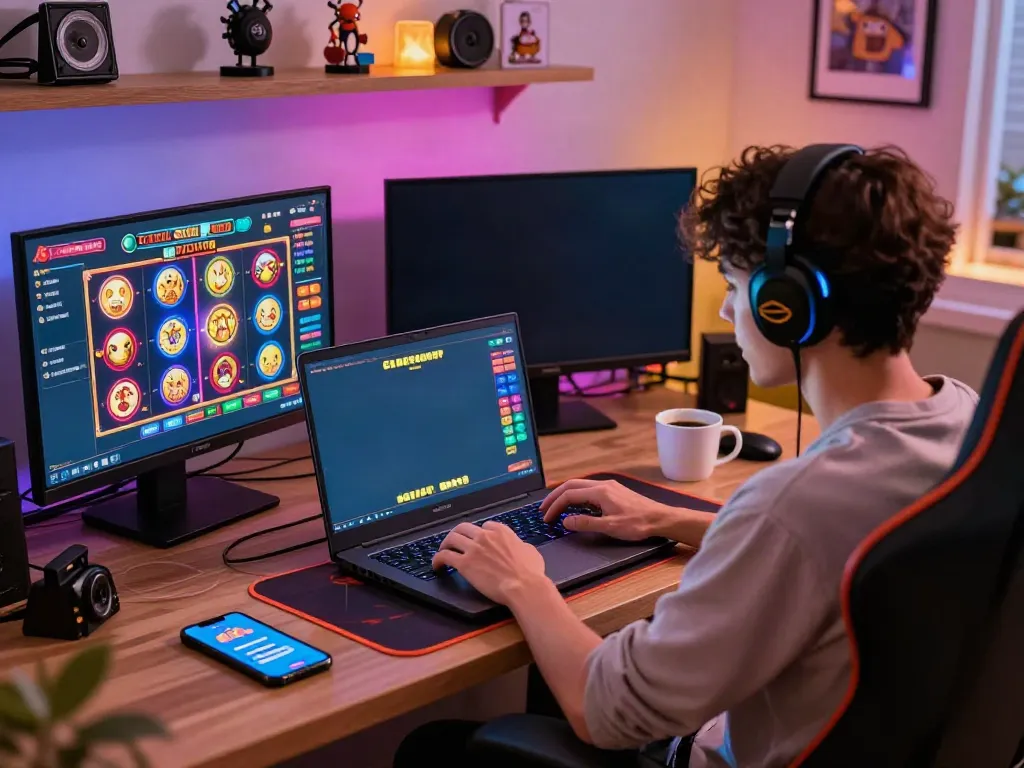 Enjoying a lively gaming experience playing slot88 on a laptop in a cozy atmosphere.