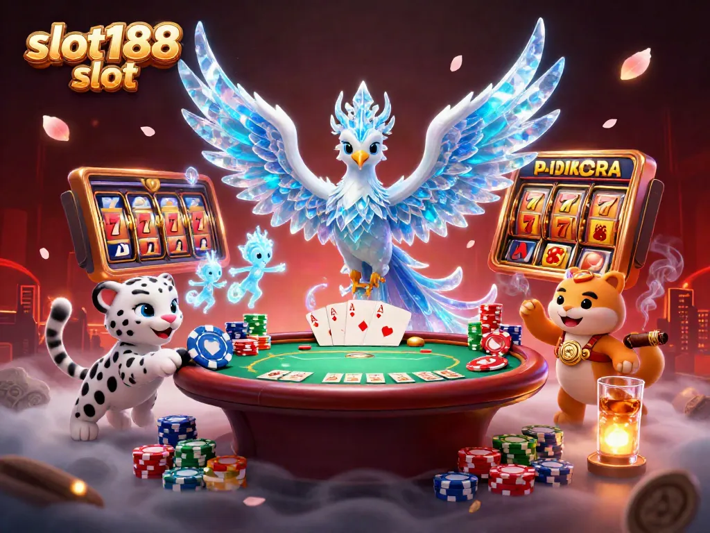 Gali kemenangan besar di slot188 dengan ilustrasi menakjubkan karakter dan elemen kasino.