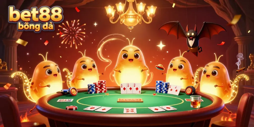 Experience bet88 bóng đá excitement with vibrant glowworms lighting a casino table in an enchanted cave.