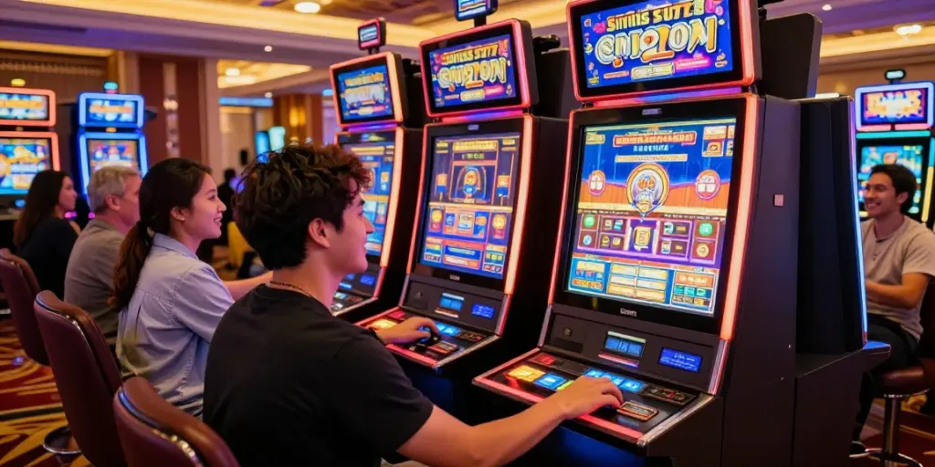 Exciting gaming atmosphere showcasing players at situs slot777 with vibrant slot machines and engaging visuals.