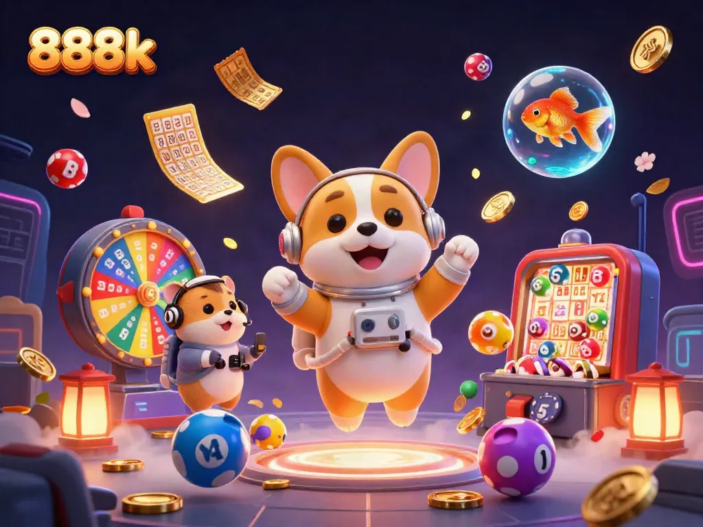 Engage with the exciting universe of 888k as a cartoon astronaut corgi plays in a vibrant casino space setting.