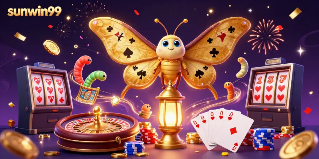 Experience sunwin99's vibrant casino world with golden wings, rich colors, and dynamic game elements.