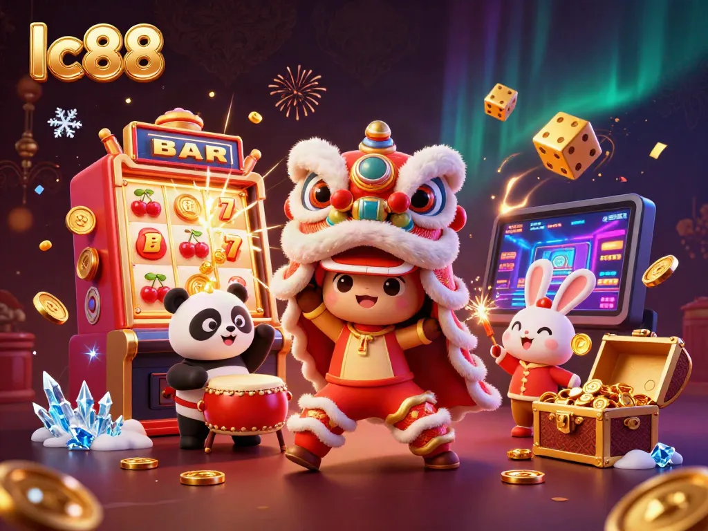 Experience the lively lc88 casino scene with cartoon characters celebrating wins amidst vibrant slot machine excitement.
