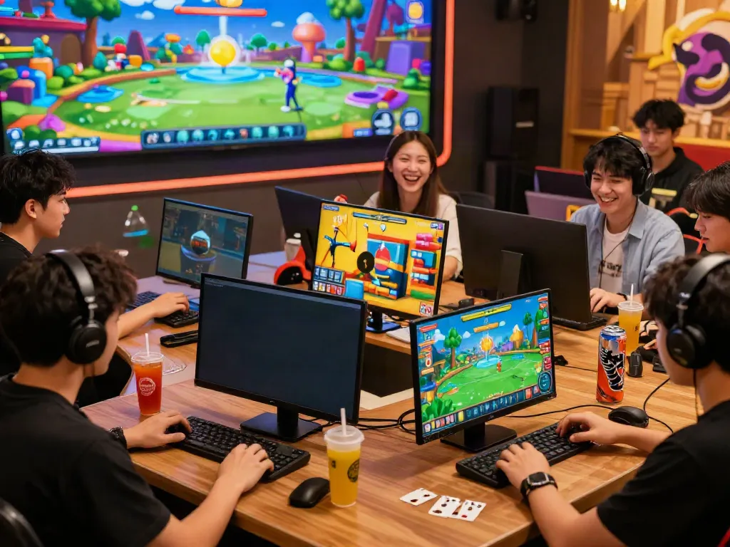 Engaged players enjoying various games on hitclub, surrounded by vibrant screens and gaming accessories