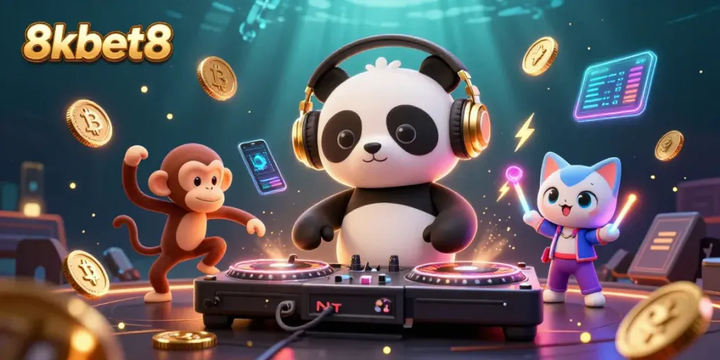Join the excitement at 8xbet8 with a DJ panda and friends in an electrifying casino scene.