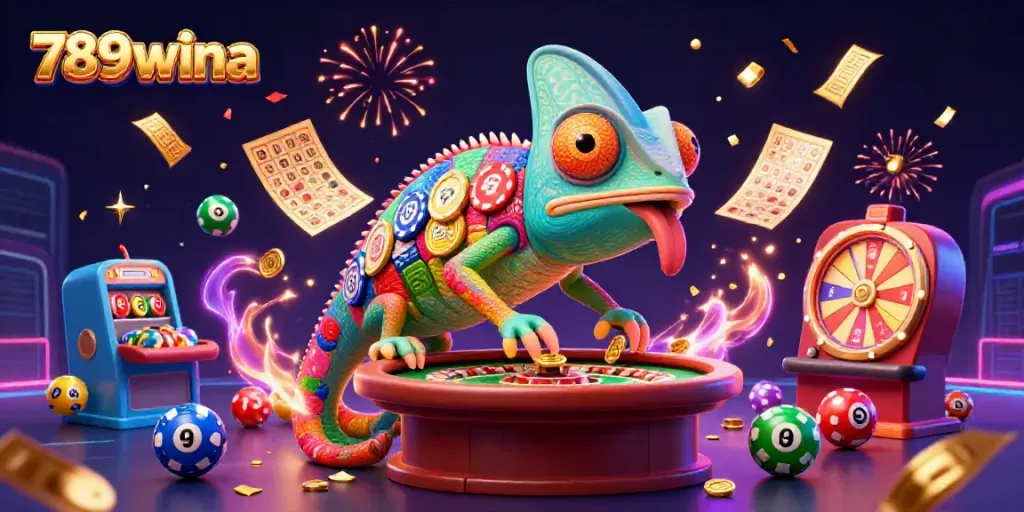 Engage with the exciting casino world of 789wina, where vibrant lottery balls, golden tickets, and a dynamic chameleon owner create winning moments.