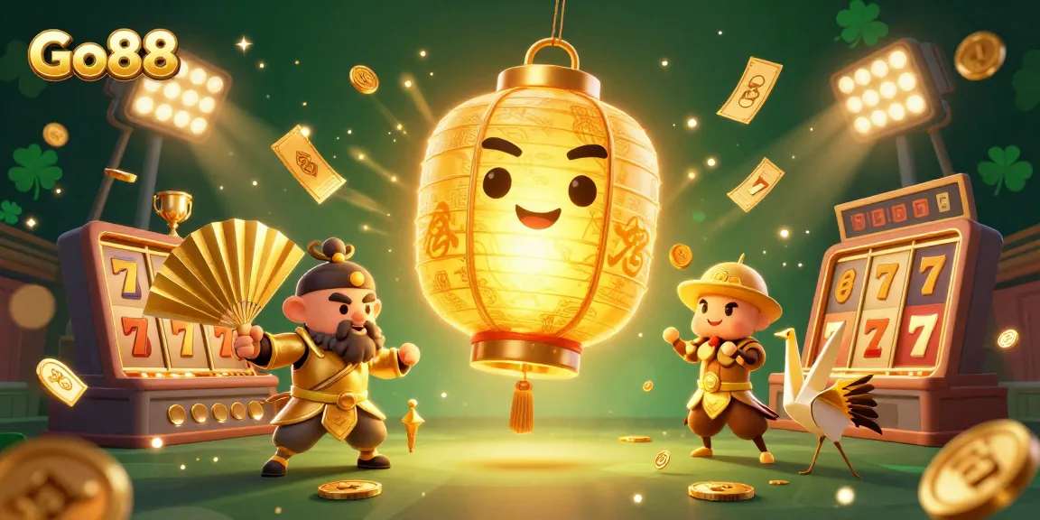 Join the excitement with Go88's vibrant casino scene featuring golden lanterns and thrilling game elements.