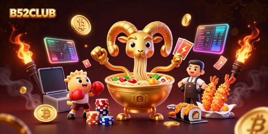B52CLUB gaming scene with vibrant characters and crypto elements, showcasing a dynamic casino atmosphere.