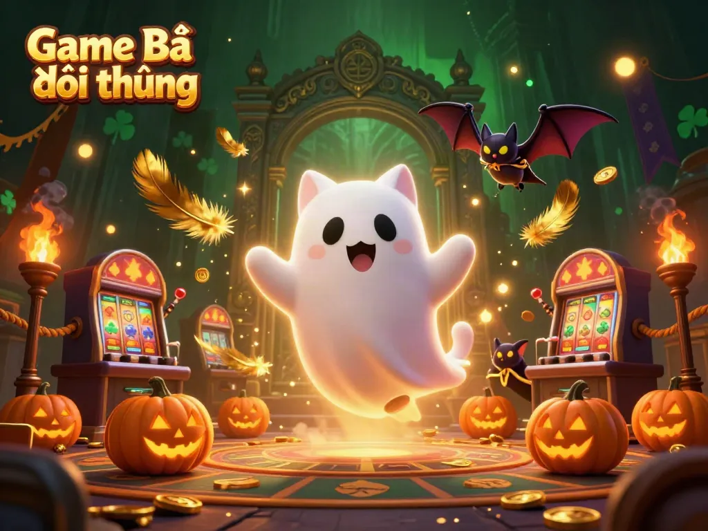 Game Bài Đổi Thưởng at a haunted casino with vibrant characters and festive elements.