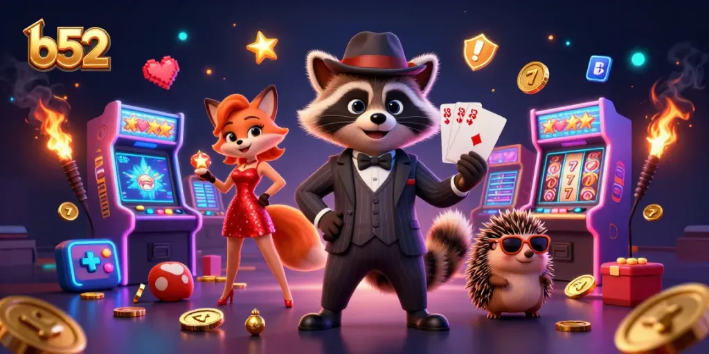 Engage with the exciting b52 casino scene featuring a suave raccoon and a charming fox for a thrilling gaming experience.