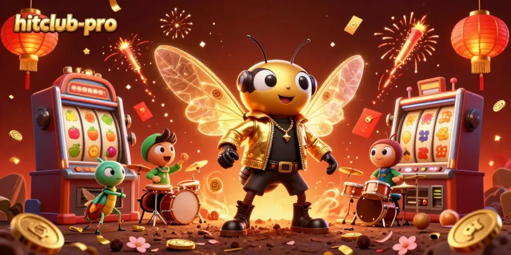 Hitclub-pro showcases a vibrant 3D cartoon casino scene with a rock star insect and dynamic game elements.