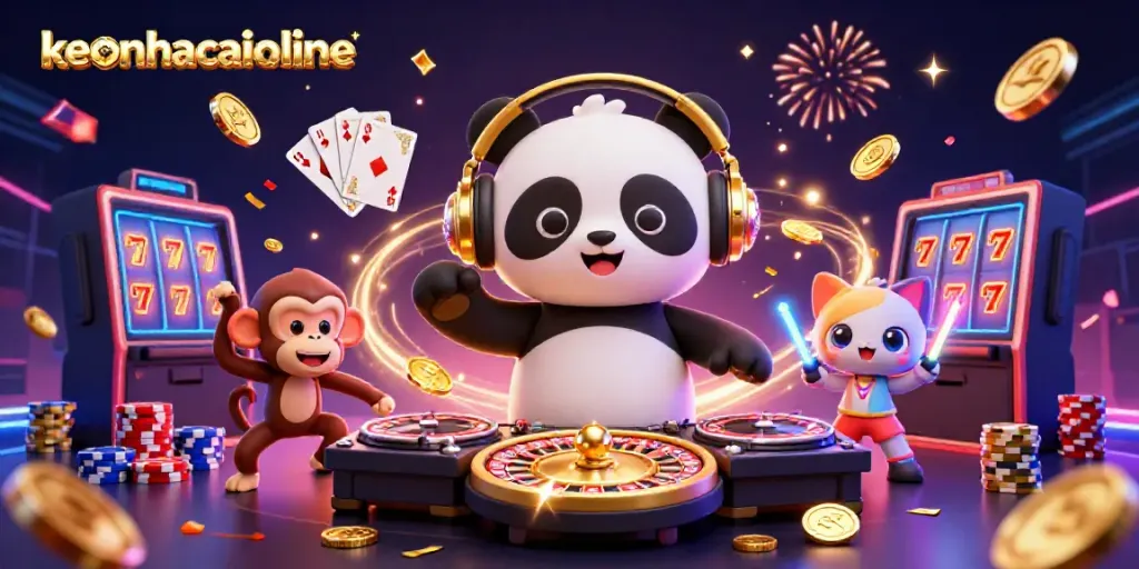 Experience thrilling moments with keonhacaionline: DJ panda and vibrant characters in a dazzling casino scene.