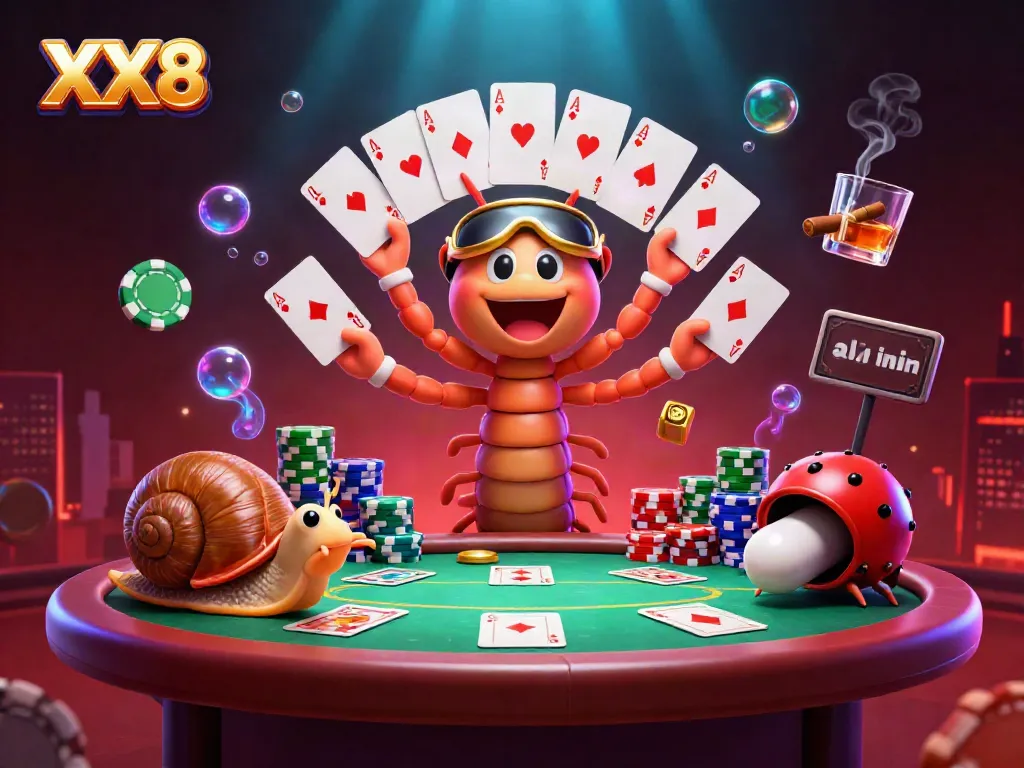 Experience thrilling poker action with XX8's vibrant 3D casino scene featuring unique characters and game elements.