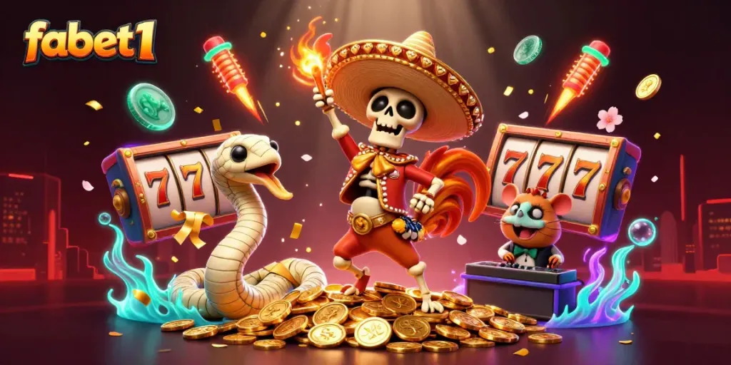 Engage in thrilling gameplay at fabet1 with a vibrant casino scene featuring colorful slot machines and festive characters.