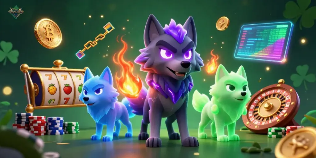 Engage with manclubs at this exhilarating casino scene featuring shadow wolves, slot reels, and neon crypto coins.