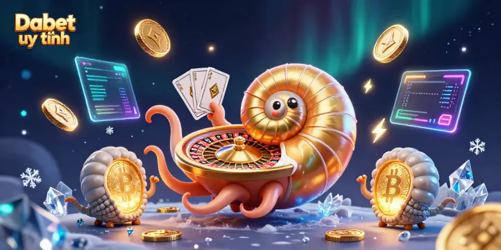 Experience the thrilling Dabet uy tín casino scene with a giant nautilus roulette wheel, glowing crypto coins, and vibrant game elements.