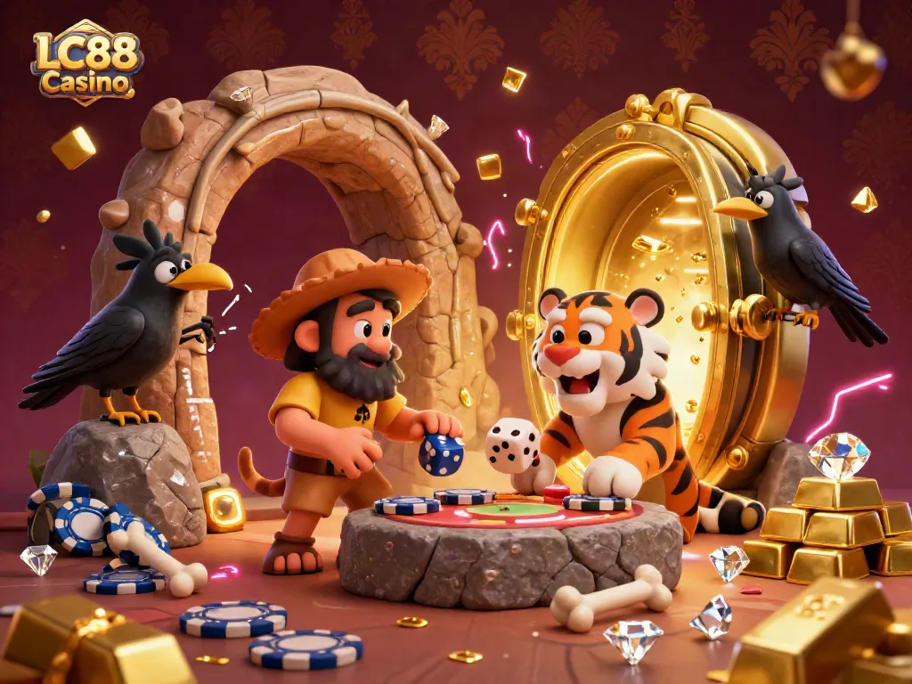 Experience thrilling gameplay at LC88 Casino with a vibrant prehistoric scene featuring colorful characters and treasure.
