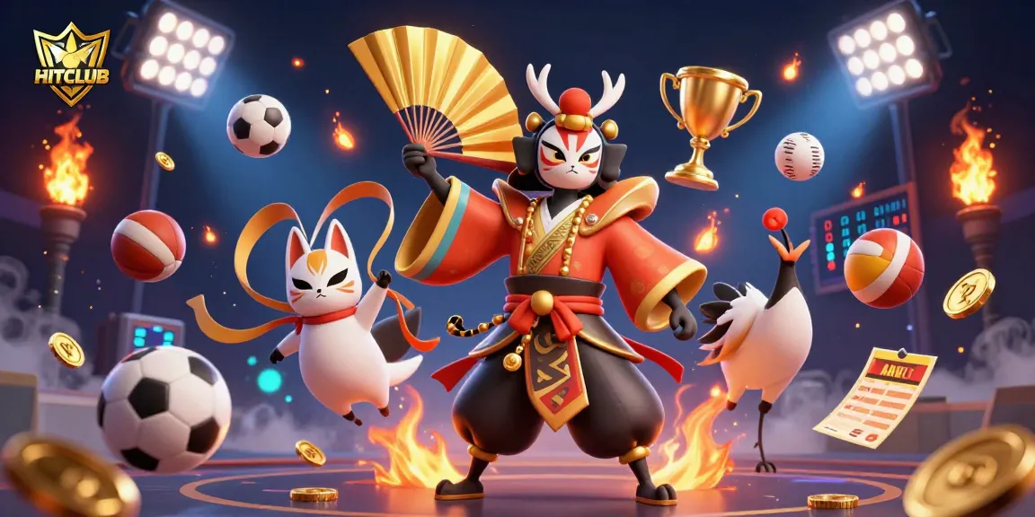 Engage with HITCLUB's exciting atmosphere featuring a kabuki warrior, sports elements, and vibrant casino visuals.