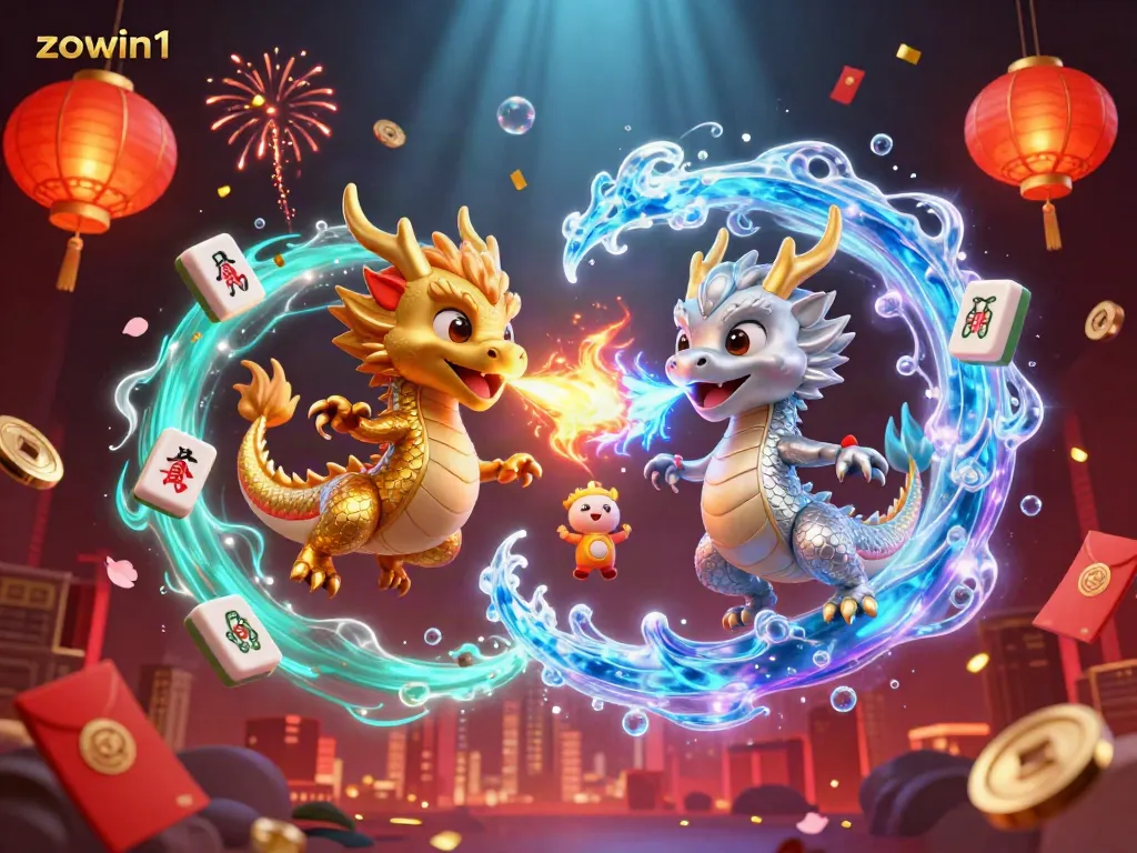 Engage in thrilling gaming adventures with zowin1, featuring epic dragons unleashing fire and ice in a vibrant casino scene.