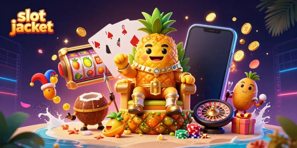 Experience the thrill of a slot jackpot with vibrant casino elements and cartoon characters in this detailed illustration.