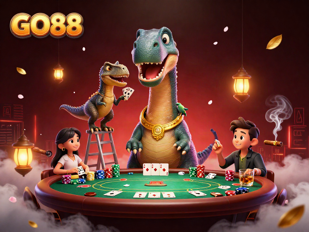 Engage in GO88 gameplay with a whimsical casino scene featuring a giant brontosaurus and clever raptor dealing cards.