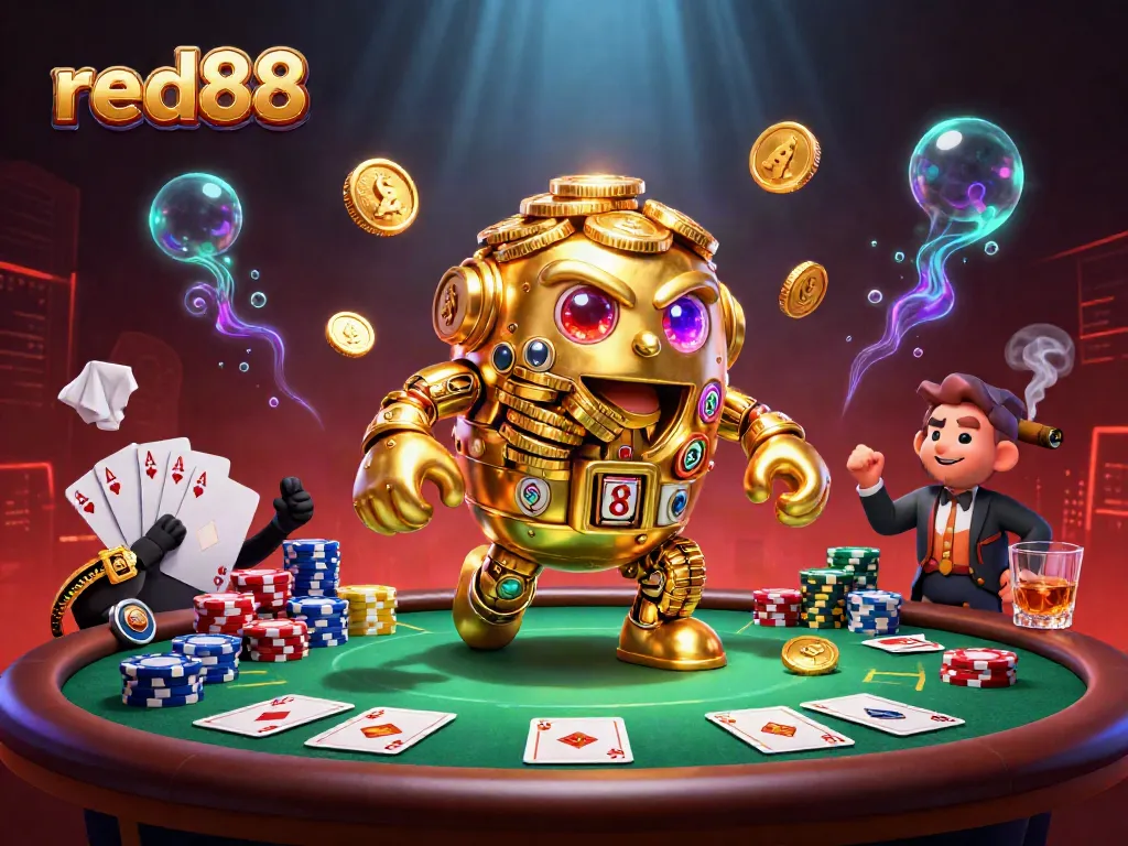 Experience thrilling gameplay with red88's captivating golden golem amidst poker chips and cards.