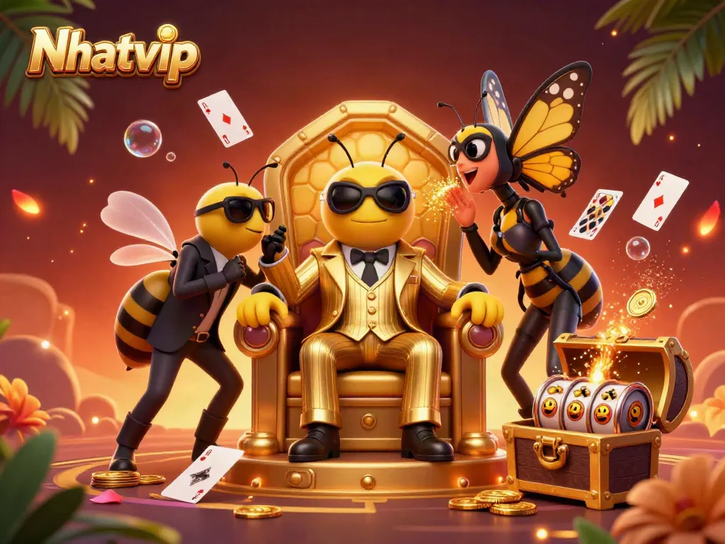 Nhatvip mob boss character winning in a vibrant 3D casino scene full of excitement.